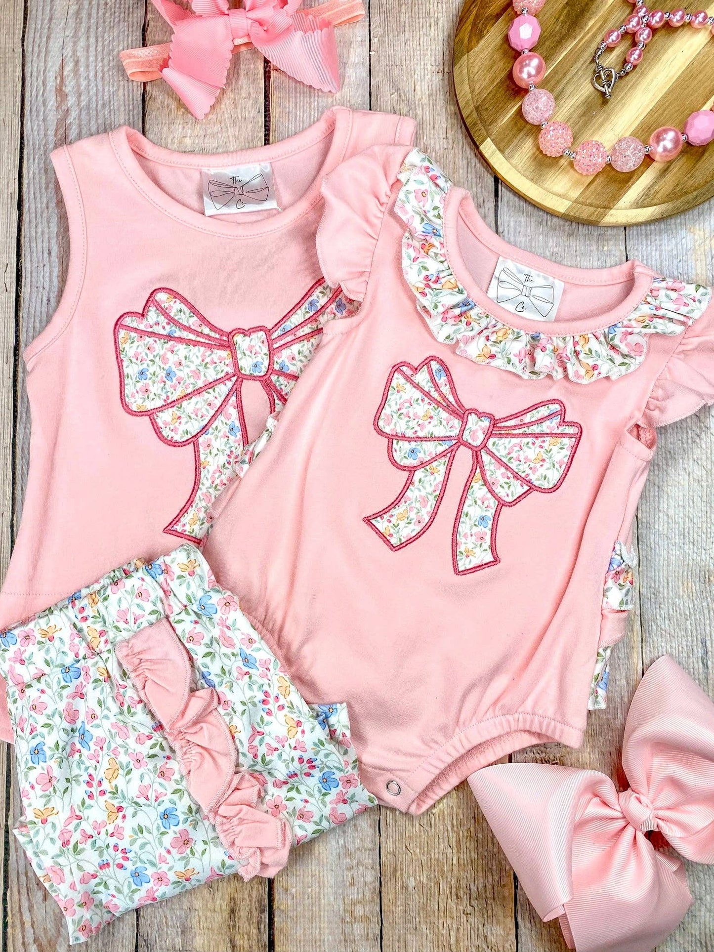Pink Floral Bow Applique Shorts Set | Girls Ruffle Summer Outfit